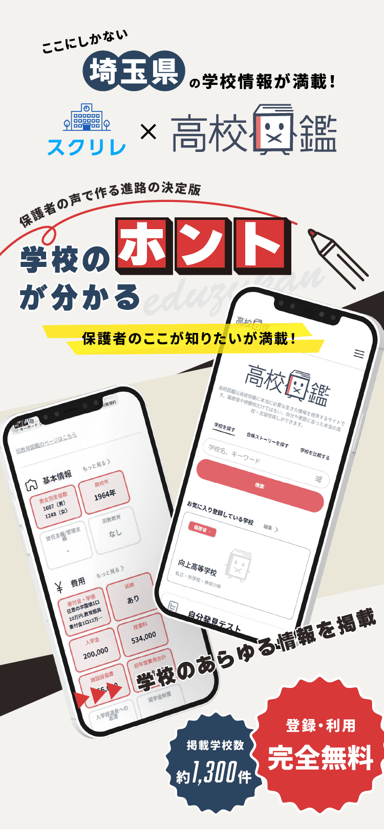 茨城県の高校情報を保護者向けにわかりやすく提供する『スクリレ×高校図鑑』の案内画像。約1,300校を掲載、無料で学校の詳細情報を検索＆比較できます。